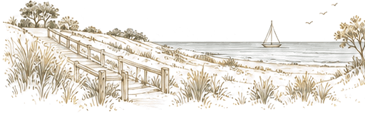 Illustration of a boardwalk through the dunes to the sea at Comporta